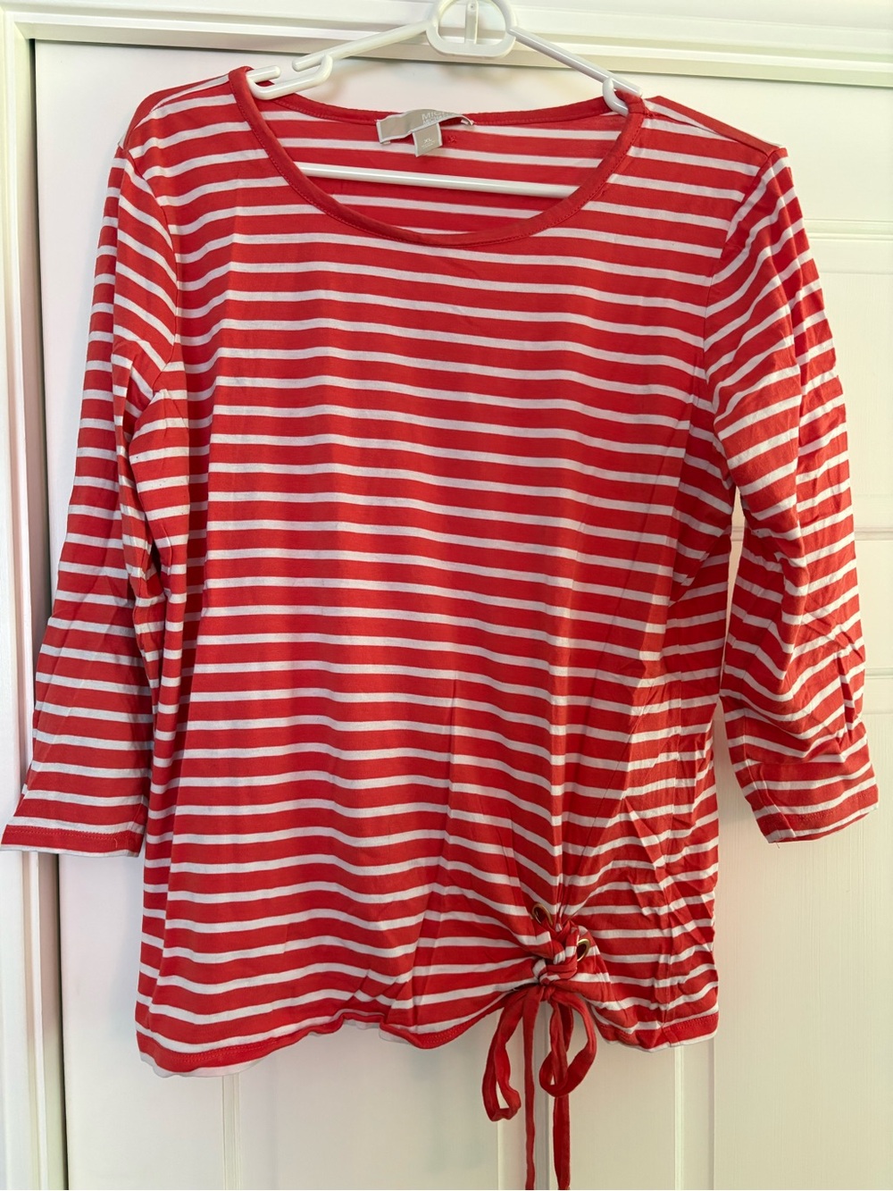 Michael Kors Coral and White Striped Tie-Front Top w/ 3/4 Sleeve